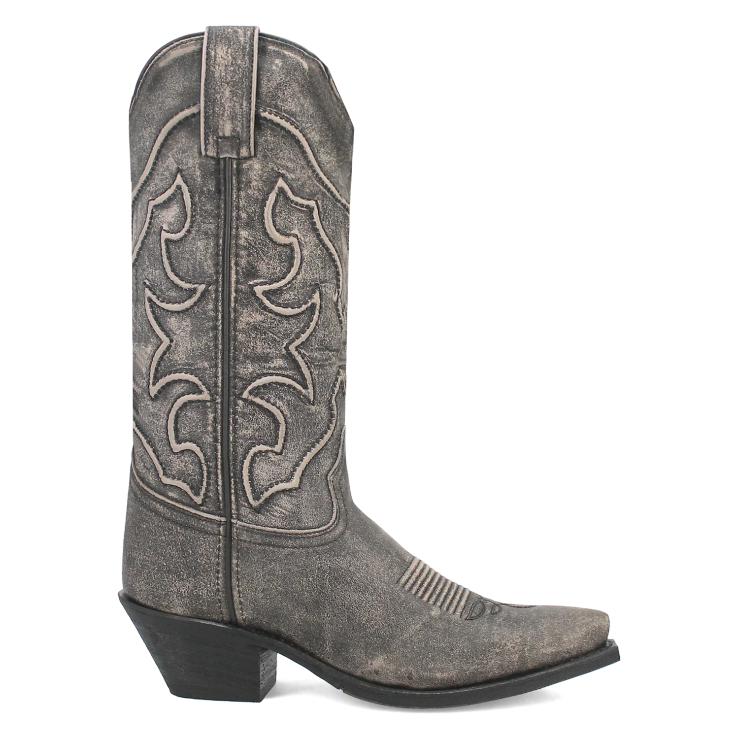Laredo's black Reva boot: Tall, tapered shaft, pointed toe, textured black material. Contrasting decorative stitching. Slight heel, pull tab.
