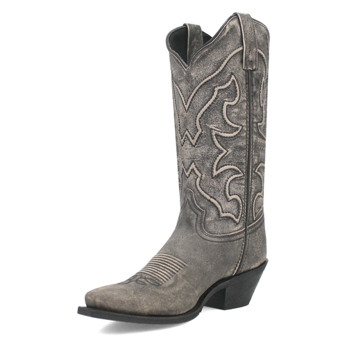 Laredo Women's Black Reva Boot: Tall, pointed toe, slight heel. Textured black material with decorative stitching. Features contrasting thread, pull tabs.

