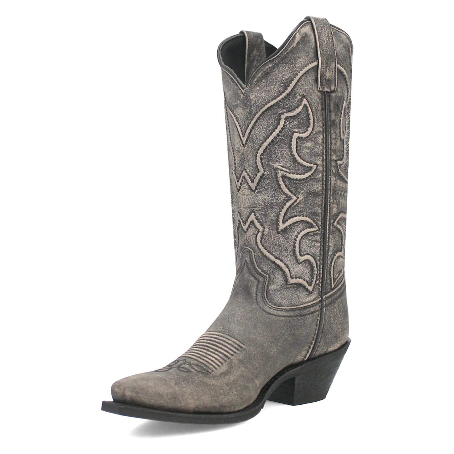 Laredo Women's Black Reva Boot: Tall, pointed toe, slight heel. Textured black material with decorative stitching. Features contrasting thread, pull tabs.
