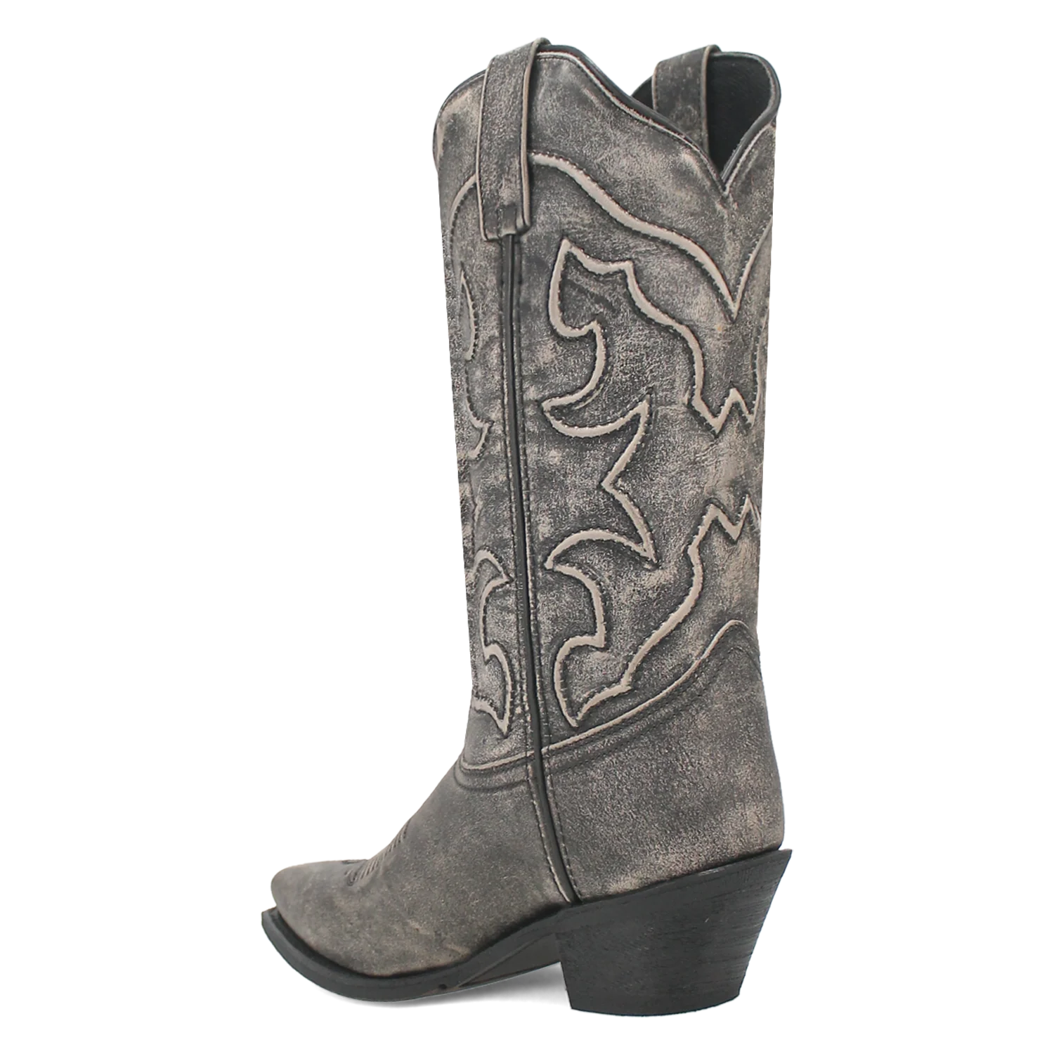 Laredo Women's Reva black boot: Tall, pointed leather boot with distressed finish. Western stitching details and a low stacked heel. Features a rounded toe and pull tab for easy wear.

