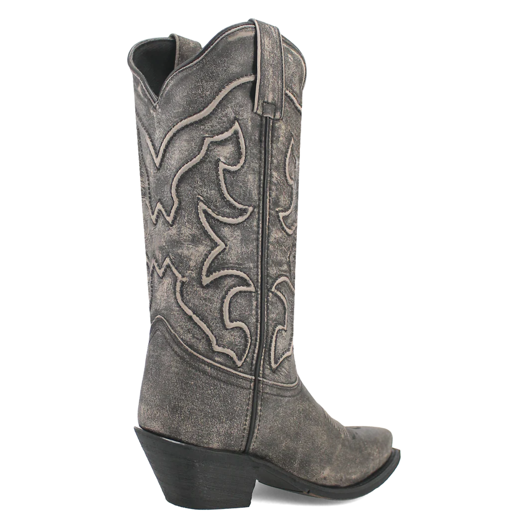 Laredo Women's Reva black boot: Tall shaft, western stitching, and pointed toe. Distressed black leather with a stacked heel.
