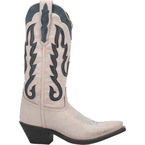 Laredo Women's Keyla Boot: Tall, light cream shaft with dark blue stitching and pointed toe. Features a stacked heel. Stylish and Western-inspired.

