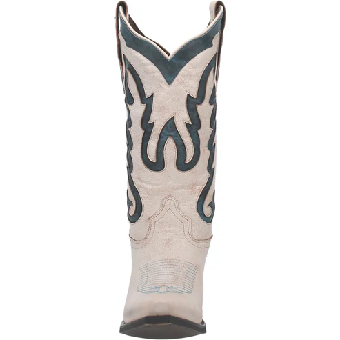 Laredo Keyla women's boot: Tall shaft, decorative stitching in light beige & dark teal. Pointed toe, western cut design.
