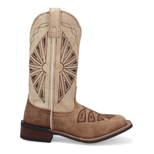 Laredo Kite Days women's leather boot. Mid-calf, pointed toe, stacked heel. Light tan leather upper with dark brown stitching/patterns. Beige shaft with sunburst embroidery. Dark brown sole.
