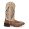 Laredo Kite Days women's leather boot. Mid-calf, pointed toe, stacked heel. Light tan leather upper with dark brown stitching/patterns. Beige shaft with sunburst embroidery. Dark brown sole.
