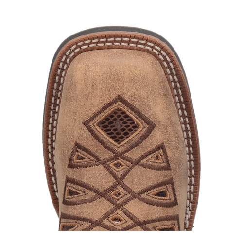 Tan leather boot with rounded toe, diamond & geometric stitching in brown. Distressed texture, smooth finish. Light sole stitching.
