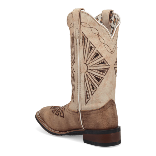 Laredo Women's Kite Days boot: tall, light beige leather with sunburst brown embroidery. Rounded toe, medium stacked heel. Pull tab, patterned lining, decorative stitching.
