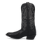 Laredo Maddie women's boot. Tall, black leather with pointed toe, stacked heel. Silver embroidered swirling pattern on the shaft. Pull tab for easy wear.

