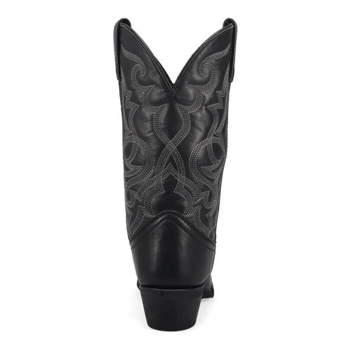 Laredo Maddie women's boot: Black leather exterior with light gray embroidered shaft. Classic pointed toe and slightly elevated heel.

