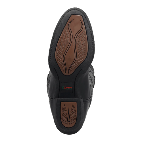 Black leather Laredo Maddie boot. Decorative stitching on the upper. Textured brown rubber sole with leaf patterns. Stylish and contrasting design.
