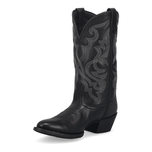 Laredo Maddie women's boot: Tall black leather shaft, pointed toe, silver stitching. Elevated heel, V-cut top. Stylish, crafted design.
