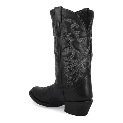 Laredo Women's Maddie leather boot. Tall, pointed black leather design. Intricate silver stitching on shaft. Low, stacked heel.
