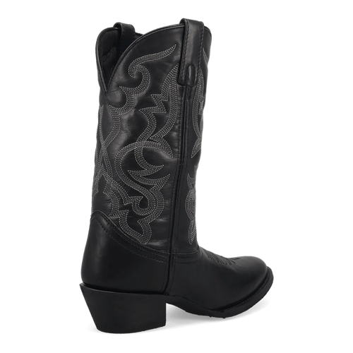 Laredo Maddie women's boot. Black leather, tall, pointed silhouette with tapered toe & stacked heel. Intricate white swirling stitch detail on shaft. Features pull tab.

