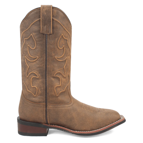 Laredo Megan boot. Tall, tan suede shaft with rounded toe & decorative stitching. Stacked heel, contrast welt. Pull loop for easy wear.
