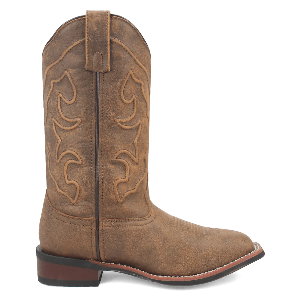 Laredo Megan boot. Tall, tan suede shaft with rounded toe & decorative stitching. Stacked heel, contrast welt. Pull loop for easy wear.
