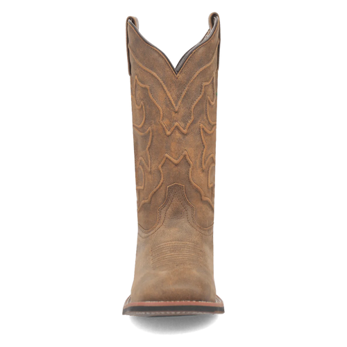 Laredo Megan women's boot. Tall tan suede shaft, pointed toe, decorative stitching, angled top. Black rubber sole. Stylish and durable.
