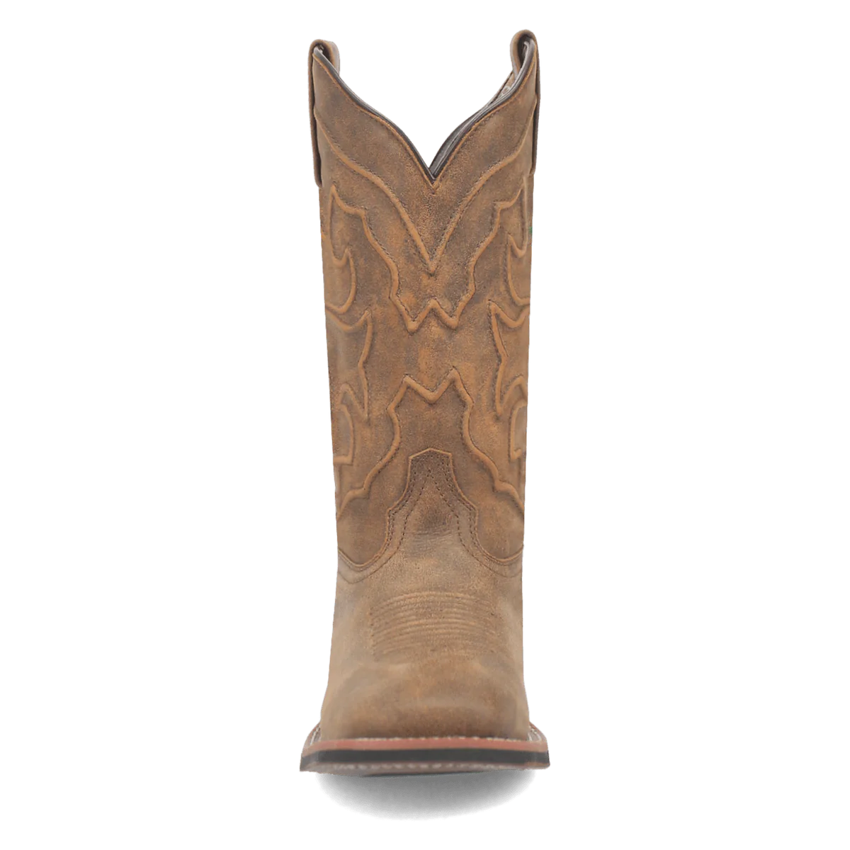 Laredo Megan women's boot. Tall tan suede shaft, pointed toe, decorative stitching, angled top. Black rubber sole. Stylish and durable.

