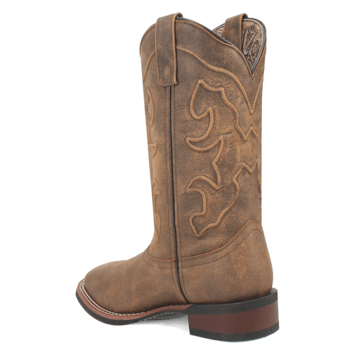 Laredo Megan women's boot. Mid-calf, distressed brown leather with decorative stitching, tapered toe, and robust heel. Reinforced back, pull tab, and a slightly curved flat sole.
