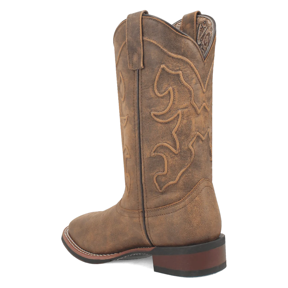 Laredo Megan women's boot. Mid-calf, distressed brown leather with decorative stitching, tapered toe, and robust heel. Reinforced back, pull tab, and a slightly curved flat sole.
