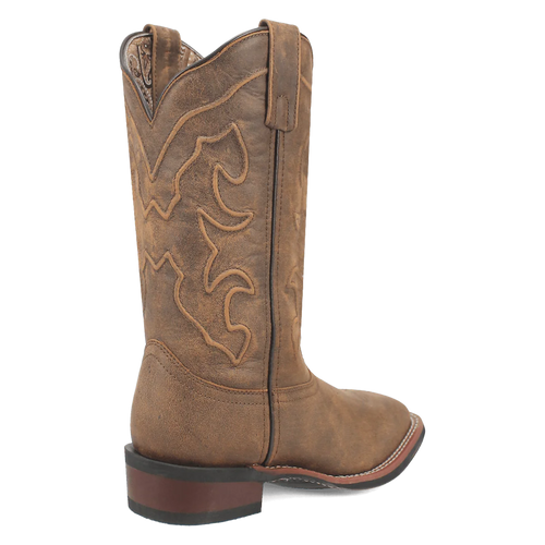 Laredo women's Megan boot: Classic Western style with a pointed toe and slight heel. Brown synthetic upper with decorative stitching. Stitched shaft design extends above the ankle for added texture.
