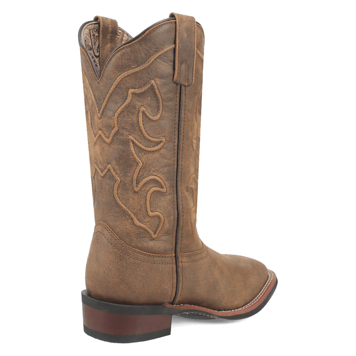 Laredo women's Megan boot: Classic Western style with a pointed toe and slight heel. Brown synthetic upper with decorative stitching. Stitched shaft design extends above the ankle for added texture.

