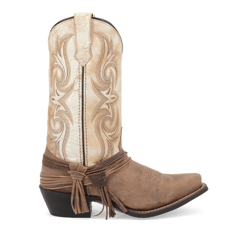 Cream shaft Laredo Myra boot with textured stitching. Pointed toe, brown suede lower. Ankle strap with tassels, slight heel.
