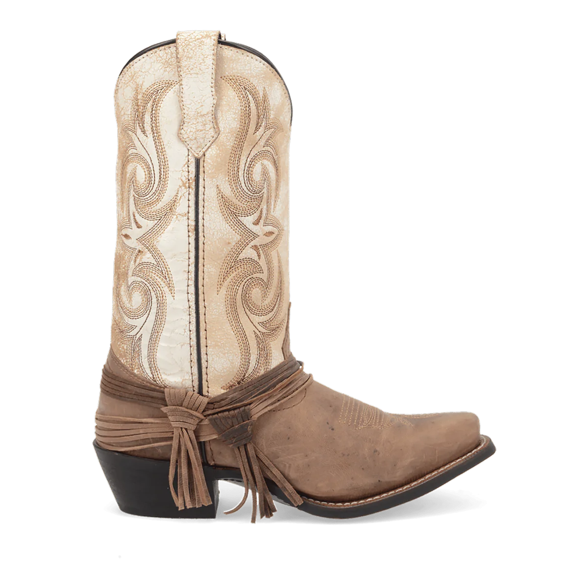Cream shaft Laredo Myra boot with textured stitching. Pointed toe, brown suede lower. Ankle strap with tassels, slight heel.
