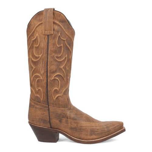 Laredo Women's Reva boot: Distressed brown leather with a tall shaft, curved stitching, and pointed toe. Stacked heel and pull tab for easy wear.

