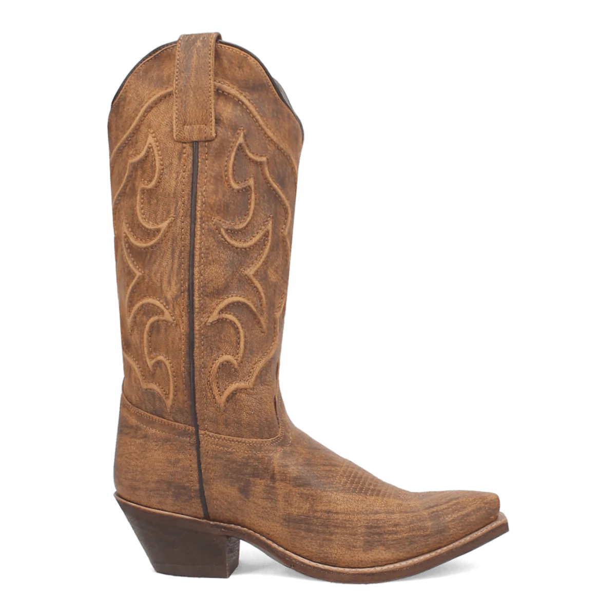 Laredo Women's Reva boot: Distressed brown leather with a tall shaft, curved stitching, and pointed toe. Stacked heel and pull tab for easy wear.
