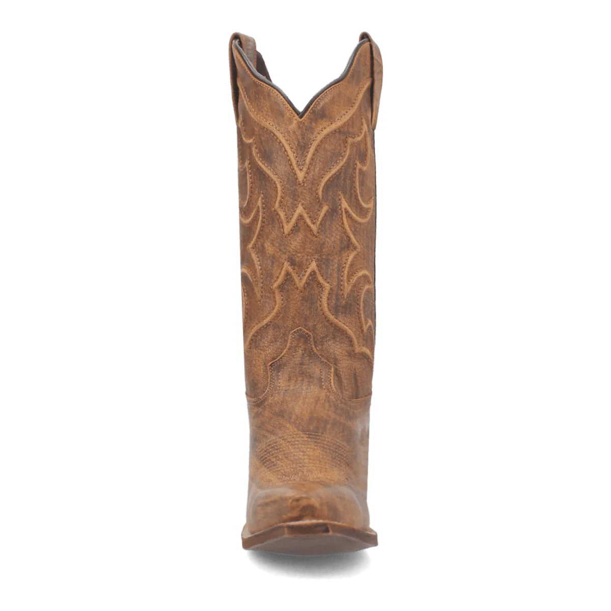 Laredo Reva boot: Tall, pointed, distressed brown leather. Scalloped top, embossed shaft. Rounded toe, moderate heel. Cowgirl style.
