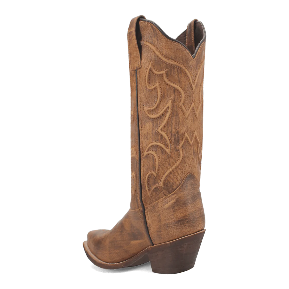 Laredo Reva women's boot: tall, distressed brown leather with matte finish. Curved top, stitched patterns. Stacked heel, pointed toe. Pull tabs for easy wear.
