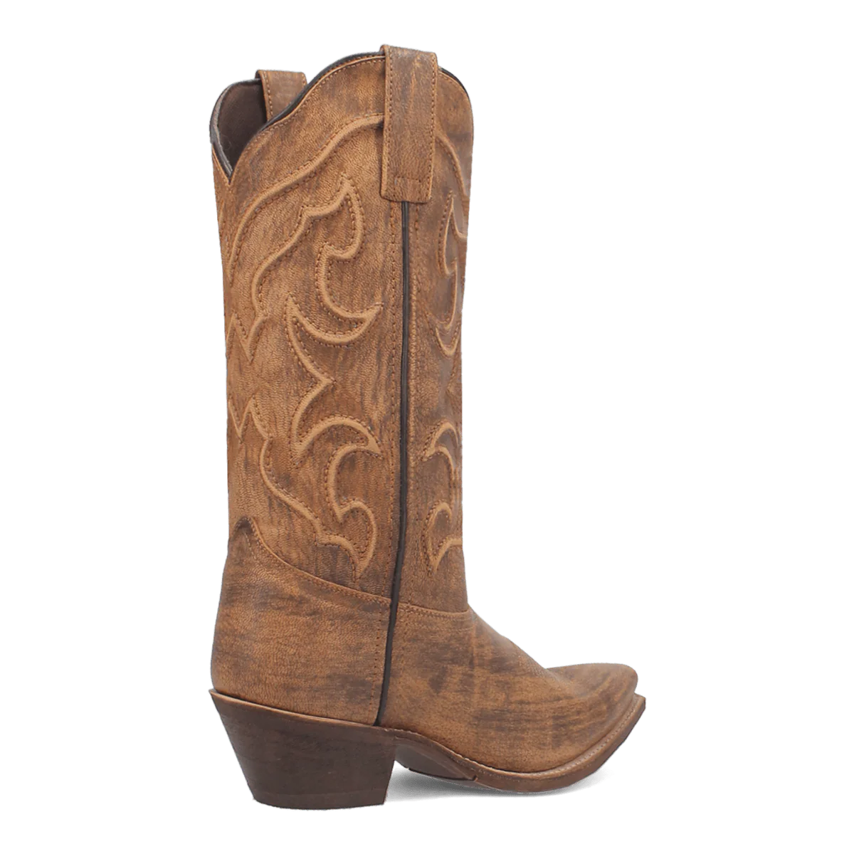 Laredo Reva women's boot: Tall brown boot with pointed toe and textured finish. Tonal stitching creates a swirl pattern. Chunky heel, pull tabs, and smooth lining.
