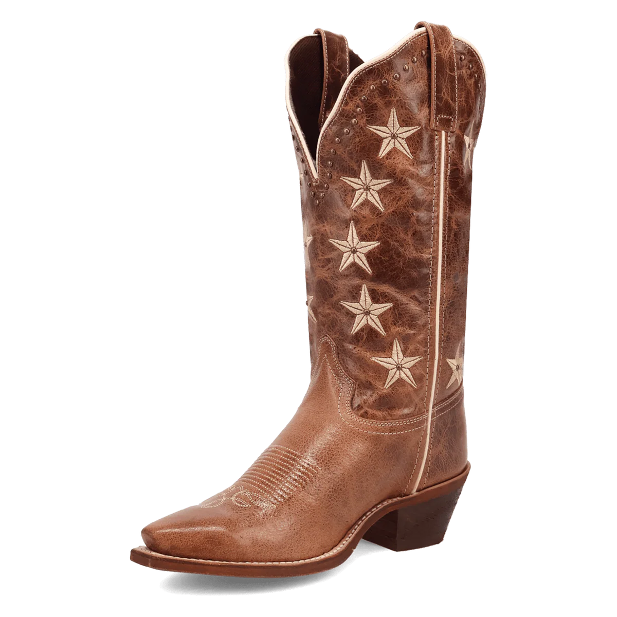 Laredo Serenade women's boot: tall, narrow, brown leather. Pointed toe, stacked heel. Six embroidered stars, decorative stitching. Scalloped top, lined interior.
