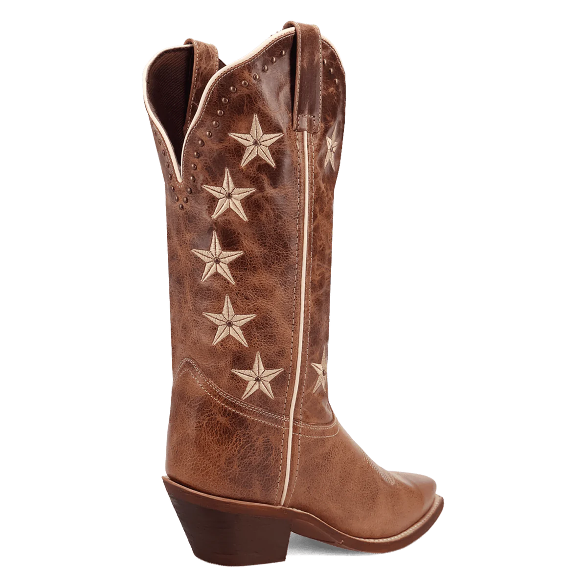 Brown leather Laredo Serenade boots with distressed finish. Tall shaft, pointed toe, curved heel. Cream star stitching, scalloped top, decorative studs.
