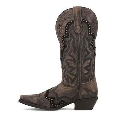 Laredo Skyla women's boot: tall brown leather shaft, pointed toe, Western style. Intricate stitching & cutouts. Stacked heel, subtle metal accents. Sleek, classic cowboy boot design.
