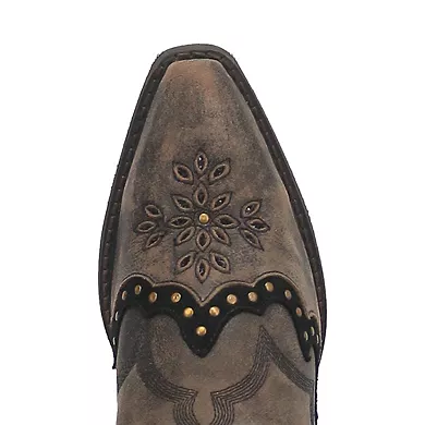 Laredo Skyla boot: Pointed toe, floral stitch, and studs on scalloped edge. Earthy tones with a textured, muted brown upper for a rugged look.
