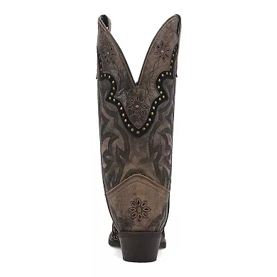 Laredo Women's Skyla Boot: Tall shaft, pointed toe, classic western design in muted brown. Features floral stitching and decorative trim in contrasting colors on back, with a slightly raised heel.
