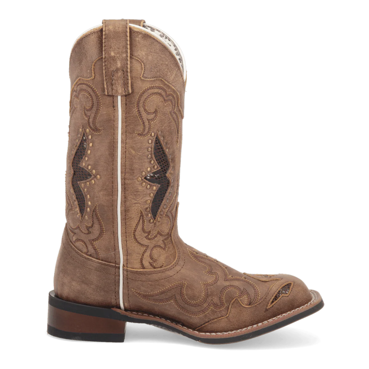 Laredo Spellbound women's boot. Tall, tan leather shaft with rounded toe and wavy stitching. Black side accents. Flat heel, pull tab.
