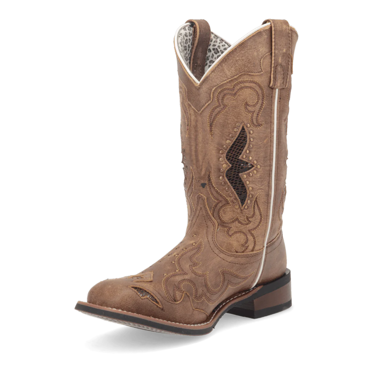 Laredo Women's Spellbound Boot: Tall, structured light brown boot with pointed toe. Darker stitching, zigzag cutouts, and embossing. Patterned lining and stacked heel.
