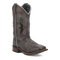 Laredo women's western boot: Distressed brown leather with pointed toe, stacked heel, and decorative stitching. Cut-out patterns, metal studs, and blue patterned lining.

