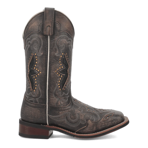 Laredo women's western boot in dark leather. Tall shaft, round toe, and decorative stitching. Stacked heel, pull tab for easy wear.
