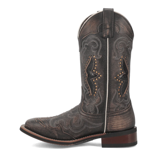 Laredo women's western boot in dark leather. Tall shaft, rounded toe. Intricate stitching, metal studs, sturdy heel.
