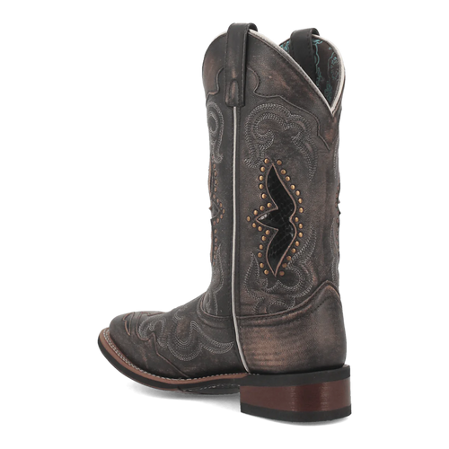 Laredo women's western boot in grey. Tall shaft, pointed toe, curved collar. Intricate tonal embroidery and studs. Stacked heel, pull tab, contrasting inner lining.

