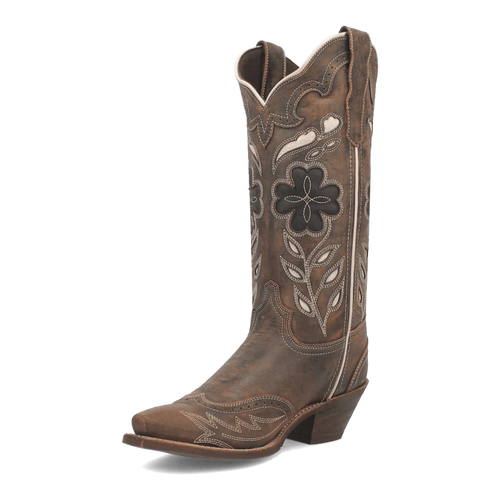 Laredo Zuri women's boot. Tall brown shaft, pointed toe, moderate heel. Floral black and white stitching on sides.
