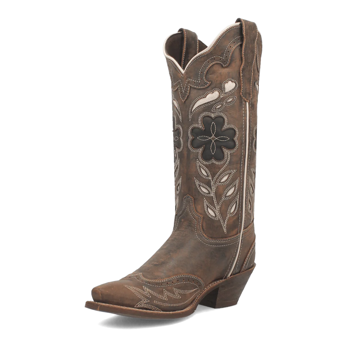 Laredo Zuri women's boot. Tall brown shaft, pointed toe, moderate heel. Floral black and white stitching on sides.
