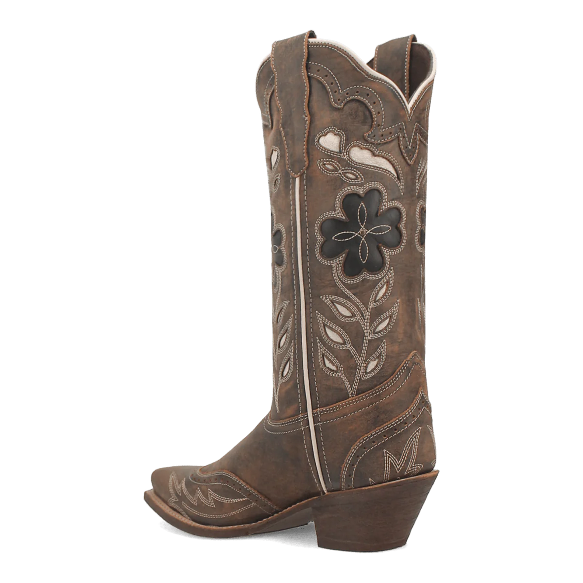 Brown leather Laredo Zuri boot with embroidered floral design and decorative cutouts. Features a pointed toe, block heel for stability, and a tall, tapered silhouette.
