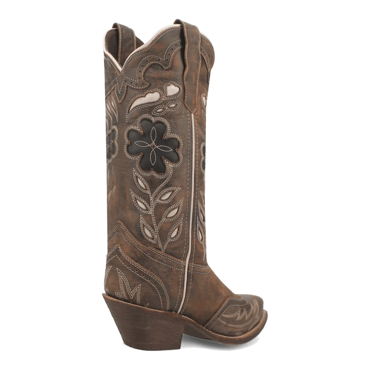 Laredo Zuri women's boot: tall, muted brown leather with black floral designs. Rounded toe, stacked heel, scalloped upper edge, pull tabs. White stitching detail.
