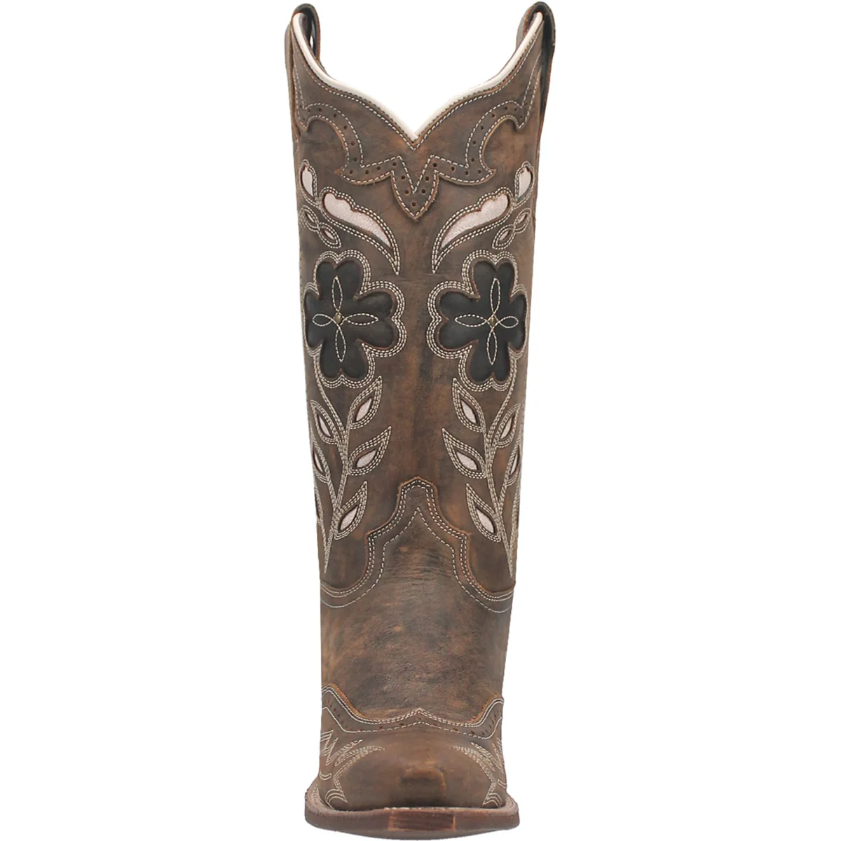 Laredo Zuri boot. Distressed brown leather, tall shaft, pointed toe. Intricate floral stitching in white/black. Scalloped top edge. Moderate heel. Sleek silhouette.
