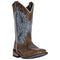 Laredo Isla Tan Blue men's western boots. Brown toe/heel, tan shaft, blue upper with brown/white embroidery. Pointed toe, cowboy heel, pull tabs for easy wear.
