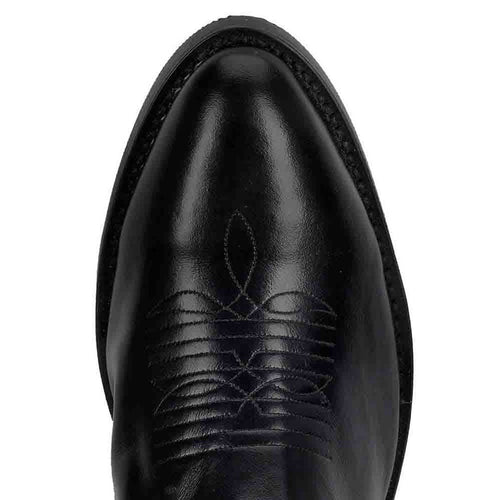 Laredo Paris black leather R-toe men's boots. Sleek, rounded toe with high-gloss finish. Smooth black leather upper with subtle embossed pattern. Durable rubber sole and visible stitching.
